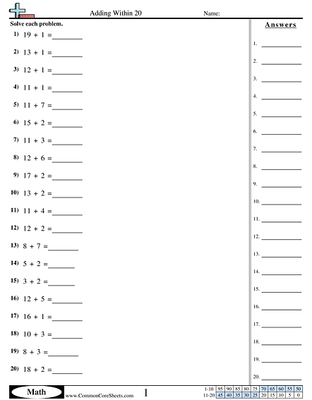 Addition Worksheets - Adding Within 20 worksheet